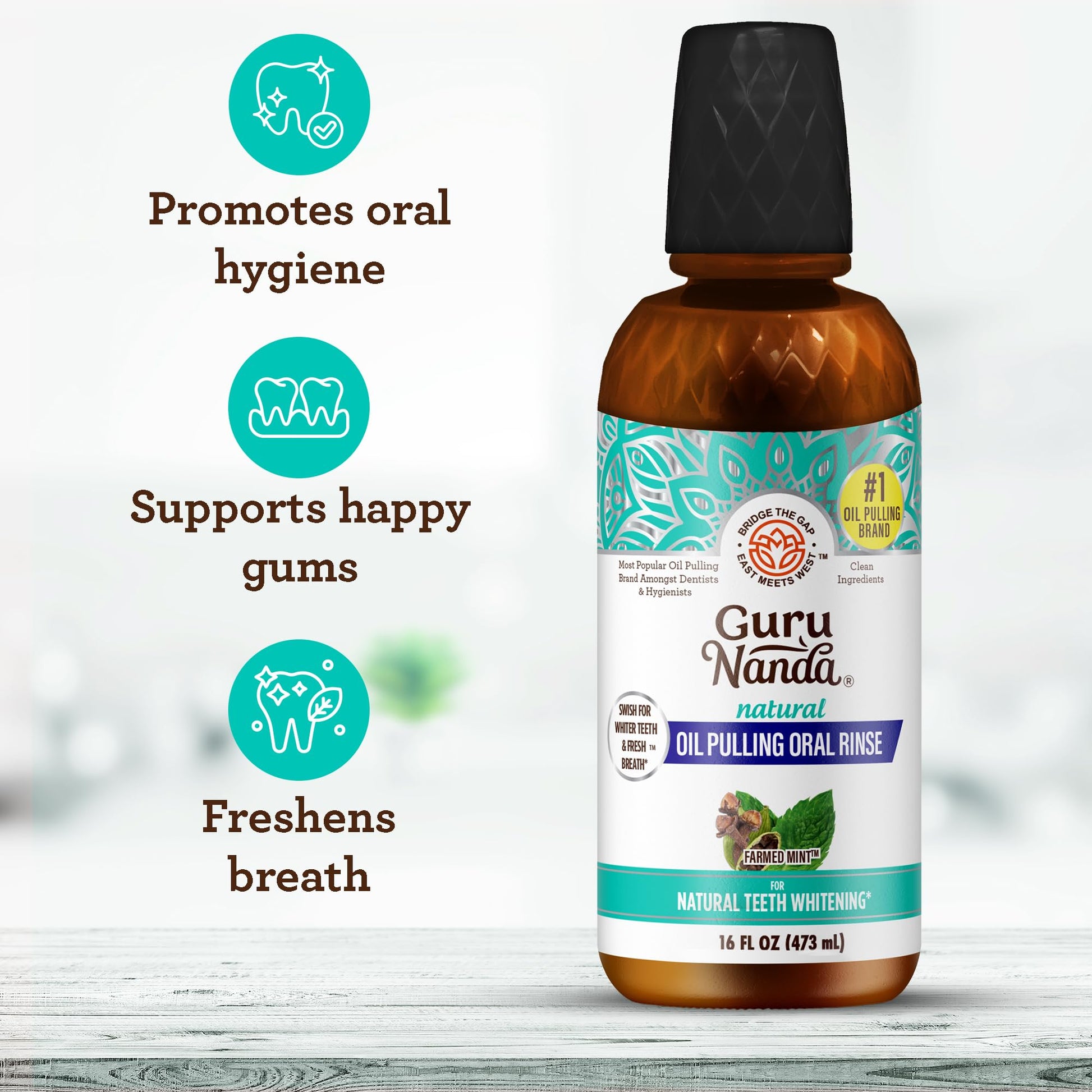GuruNanda Farmed Mint Oil Pulling Mouthwash for Complete Oral Hygiene, 7 Essential Oils & Vitamins for Happy Teeth & Gums - dailyvitalstore