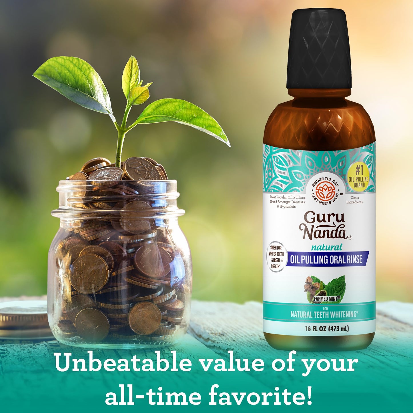 GuruNanda Farmed Mint Oil Pulling Mouthwash for Complete Oral Hygiene, 7 Essential Oils & Vitamins for Happy Teeth & Gums - dailyvitalstore