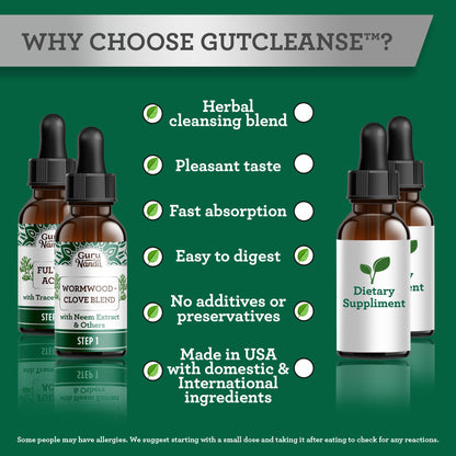 GuruNanda Gutcleanse 2-Step Kit - Dietary Supplement to Help with Digestion - Blend of Fulvic Acid, Wormwood, Clove & Neem Extract, 2x1 FlOz - dailyvitalstore