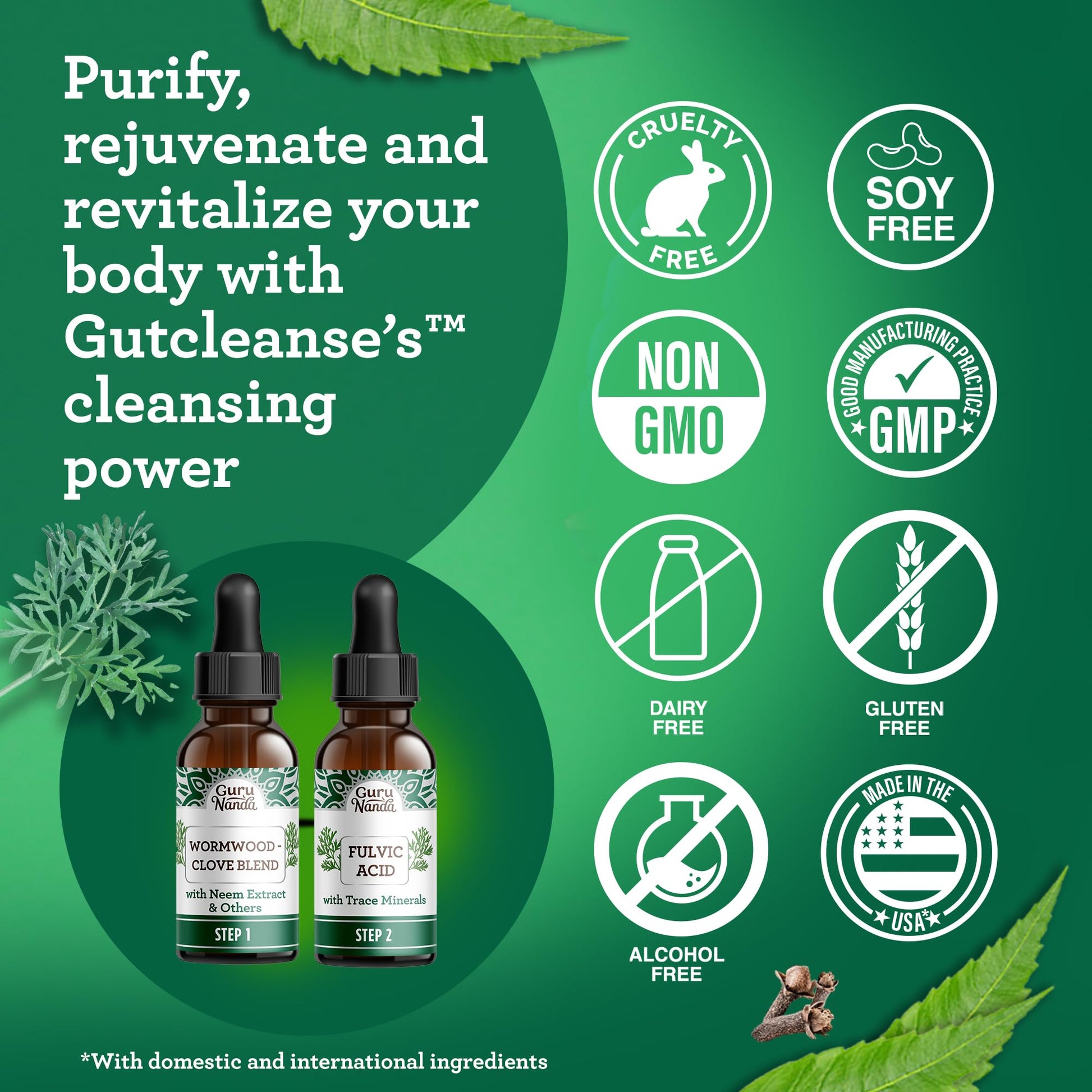 GuruNanda Gutcleanse 2-Step Kit - Dietary Supplement to Help with Digestion - Blend of Fulvic Acid, Wormwood, Clove & Neem Extract, 2x1 FlOz - dailyvitalstore