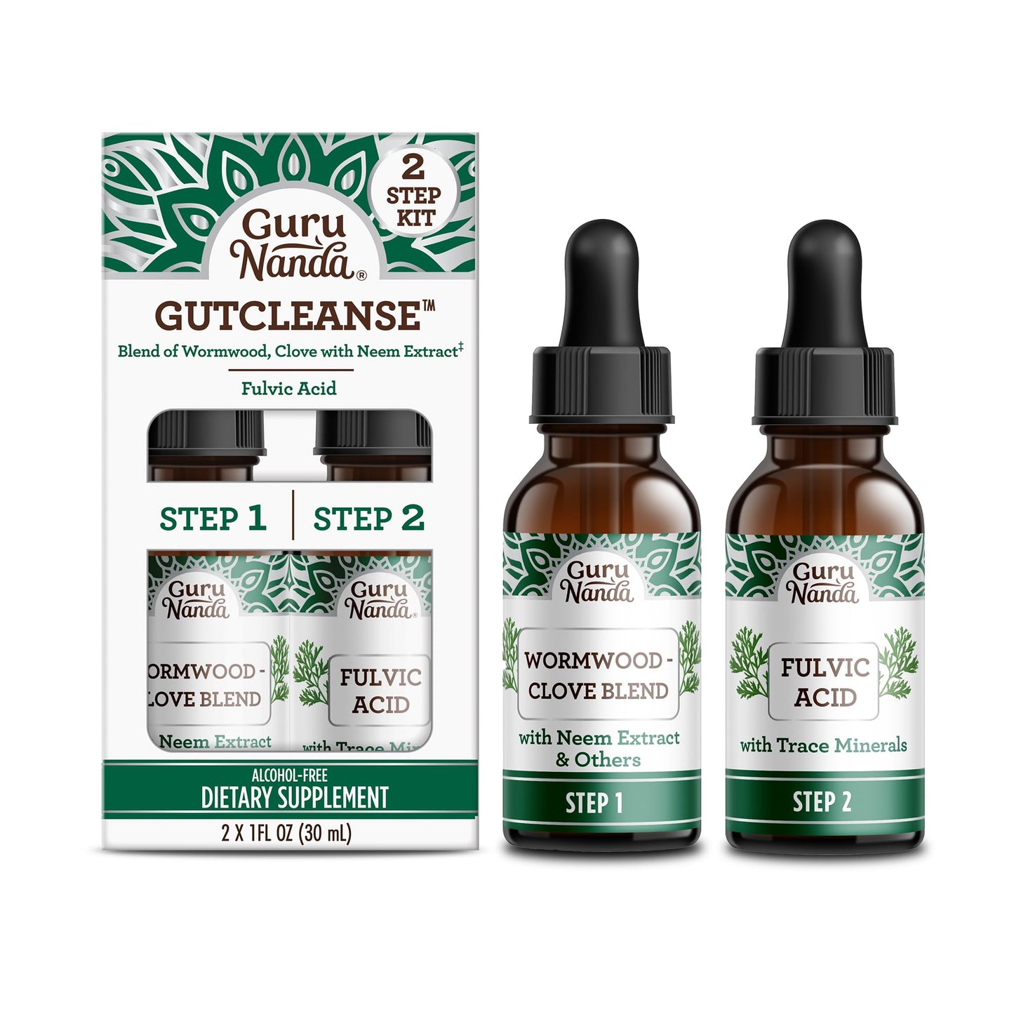 GuruNanda Gutcleanse 2-Step Kit - Dietary Supplement to Help with Digestion - Blend of Fulvic Acid, Wormwood, Clove & Neem Extract, 2x1 FlOz - dailyvitalstore