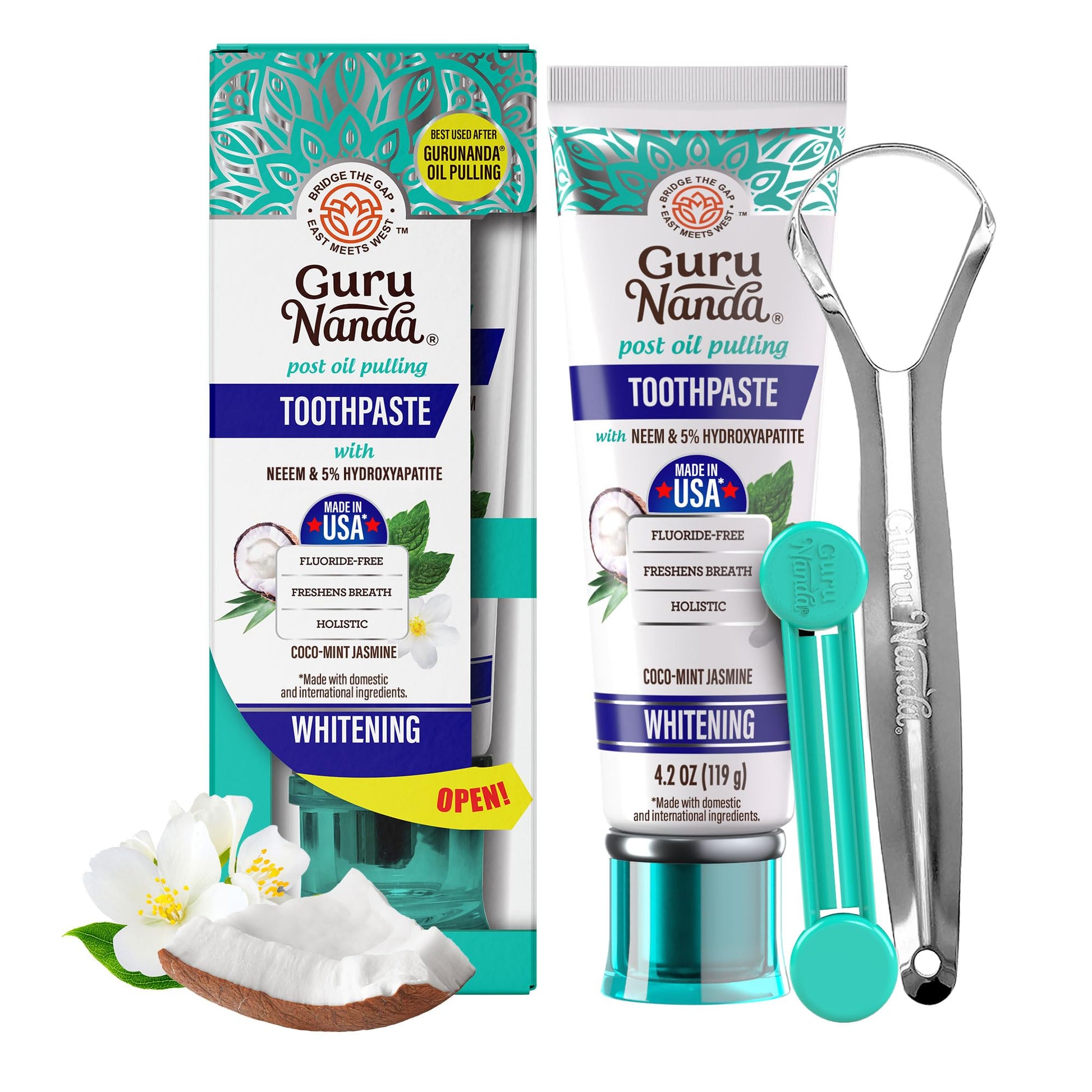GuruNanda Hydroxyapatite Toothpaste for Whitening with Neem & Xylitol, SLS & Fluoride Free Formula with Tongue Scraper & Squeezer - Freshens Breath, Fights Plaque - dailyvitalstore