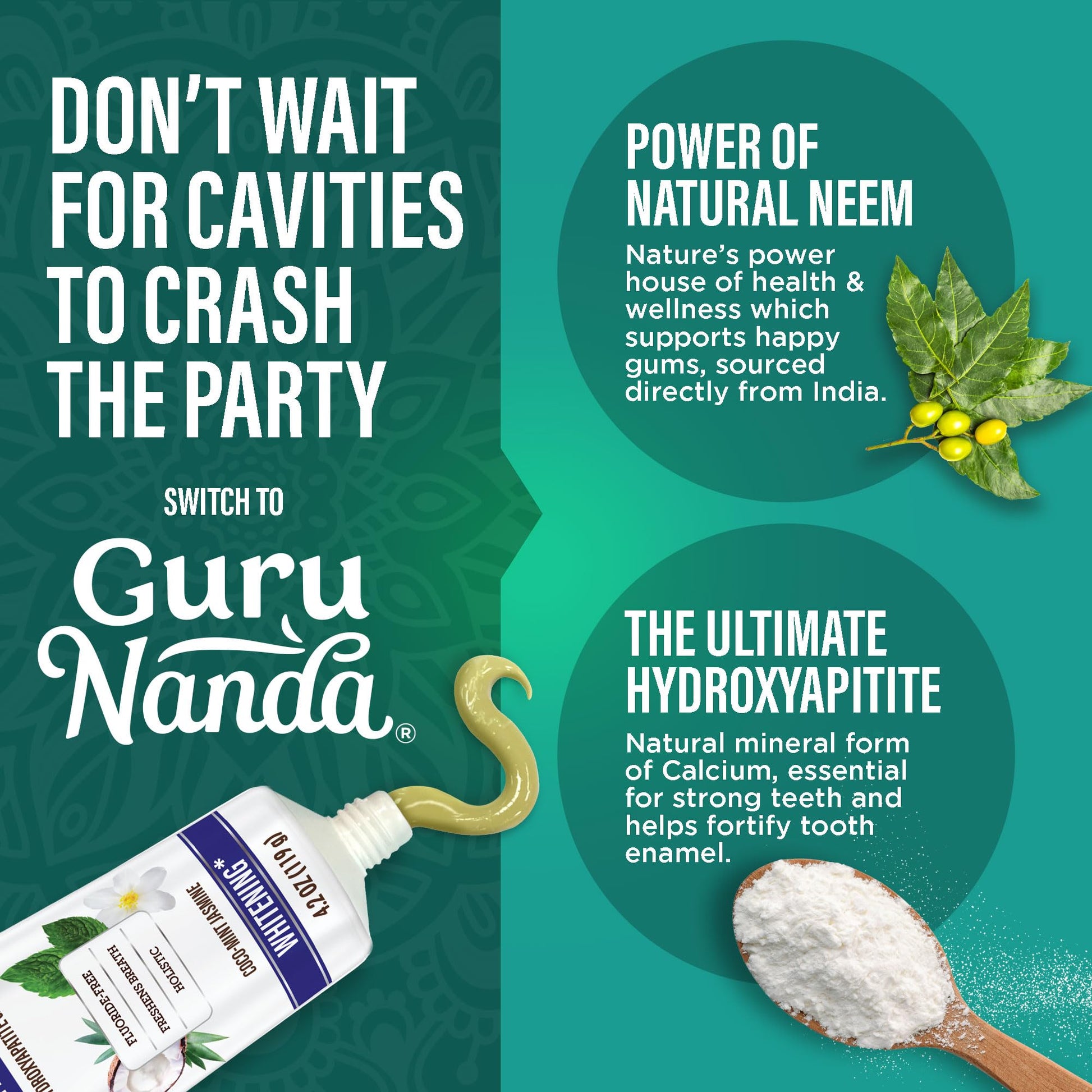 GuruNanda Hydroxyapatite Toothpaste for Whitening with Neem & Xylitol, SLS & Fluoride Free Formula with Tongue Scraper & Squeezer - Freshens Breath, Fights Plaque - dailyvitalstore