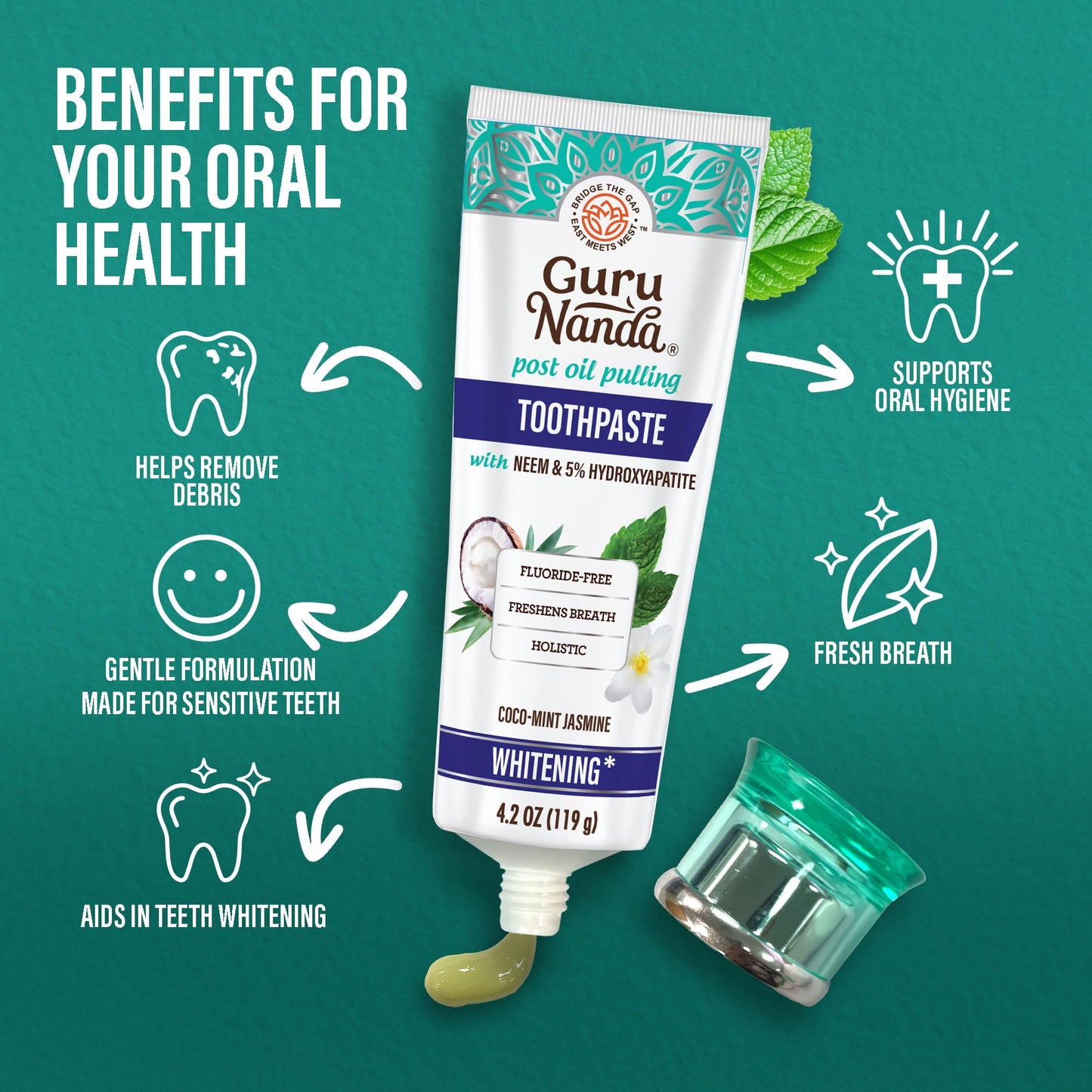 GuruNanda Hydroxyapatite Toothpaste for Whitening with Neem & Xylitol, SLS & Fluoride Free Formula with Tongue Scraper & Squeezer - Freshens Breath, Fights Plaque - dailyvitalstore