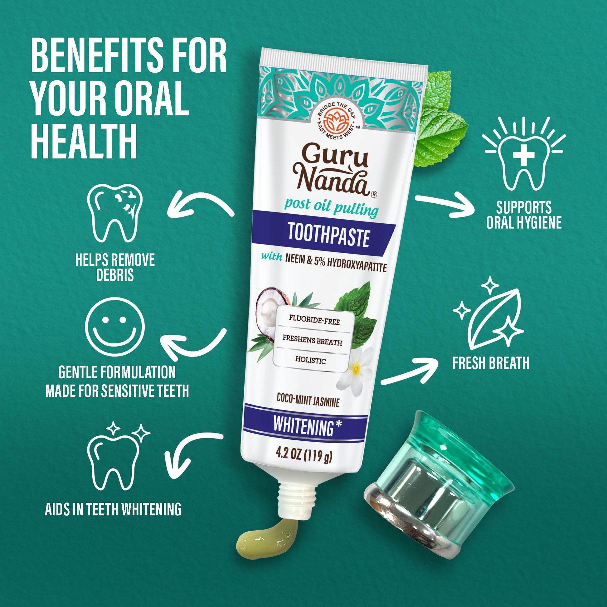 GuruNanda Hydroxyapatite Toothpaste for Whitening with Neem & Xylitol, SLS & Fluoride Free Formula with Tongue Scraper & Squeezer - Freshens Breath, Fights Plaque - dailyvitalstore
