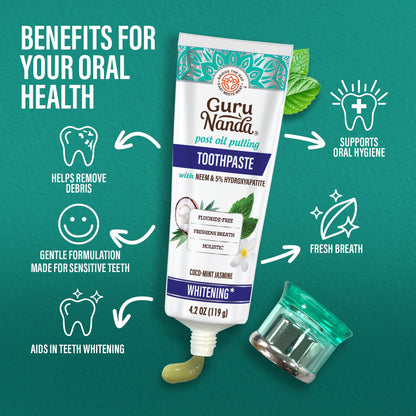 GuruNanda Hydroxyapatite Toothpaste for Whitening with Neem & Xylitol, SLS & Fluoride Free Formula with Tongue Scraper & Squeezer - Freshens Breath, Fights Plaque - dailyvitalstore