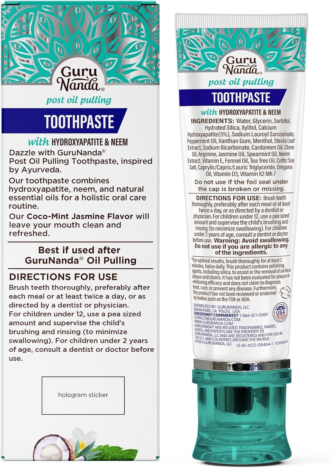 GuruNanda Hydroxyapatite Toothpaste for Whitening with Neem & Xylitol, SLS & Fluoride Free Formula with Tongue Scraper & Squeezer - Freshens Breath, Fights Plaque - dailyvitalstore