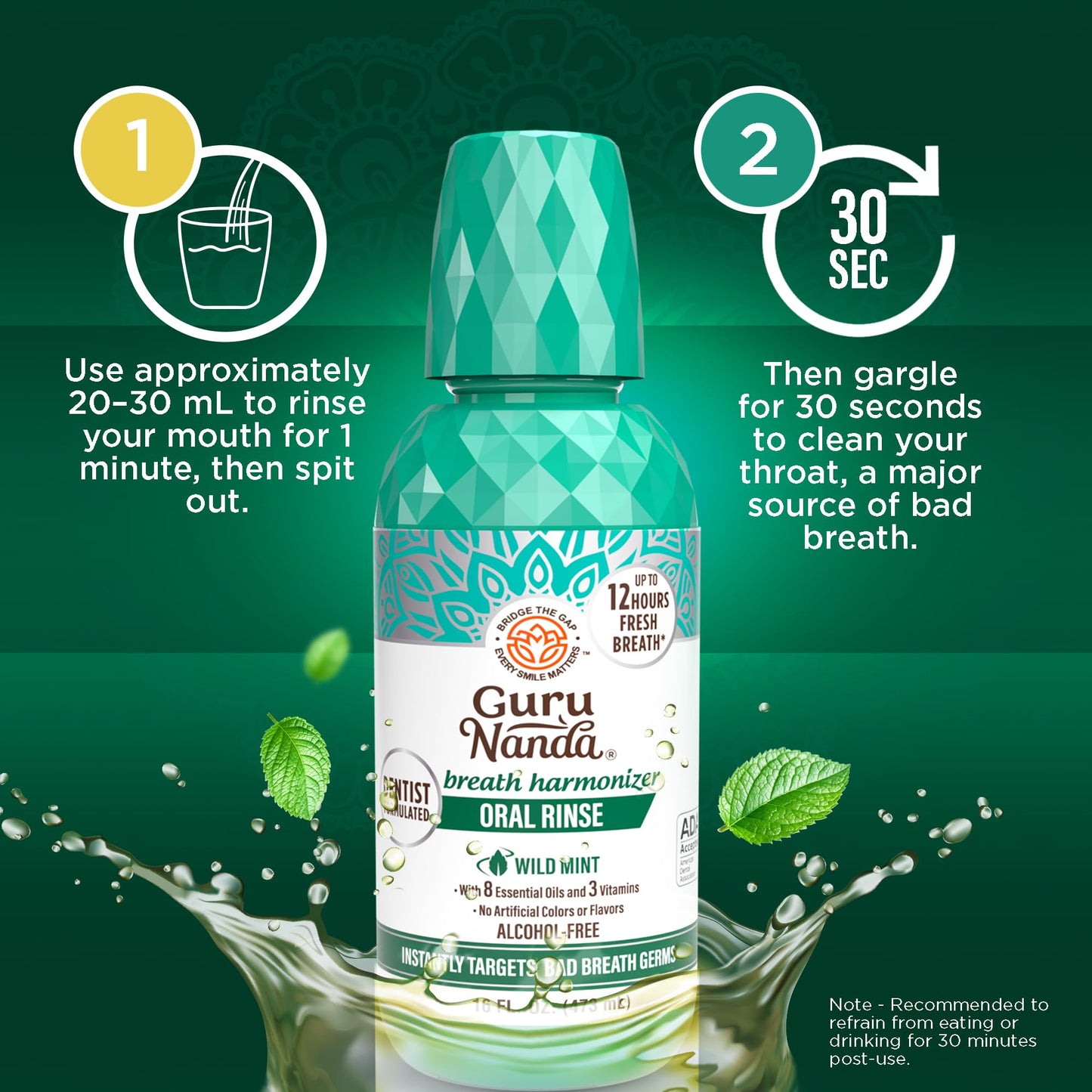 GuruNanda Oral Rinse Fresh Breath Mouthwash, ADA-Accepted Alcohol-Free Mouthwash, 7 Essential Oils & Vitamins, SLS & Flouride-Free, Wild Mint, 16 Oz - dailyvitalstore