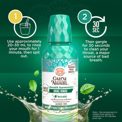 GuruNanda Oral Rinse Fresh Breath Mouthwash, ADA-Accepted Alcohol-Free Mouthwash, 7 Essential Oils & Vitamins, SLS & Flouride-Free, Wild Mint, 16 Oz - dailyvitalstore