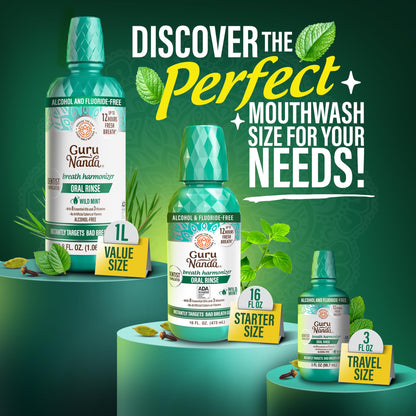 GuruNanda Oral Rinse Fresh Breath Mouthwash, ADA-Accepted Alcohol-Free Mouthwash, 7 Essential Oils & Vitamins, SLS & Flouride-Free, Wild Mint, 16 Oz - dailyvitalstore