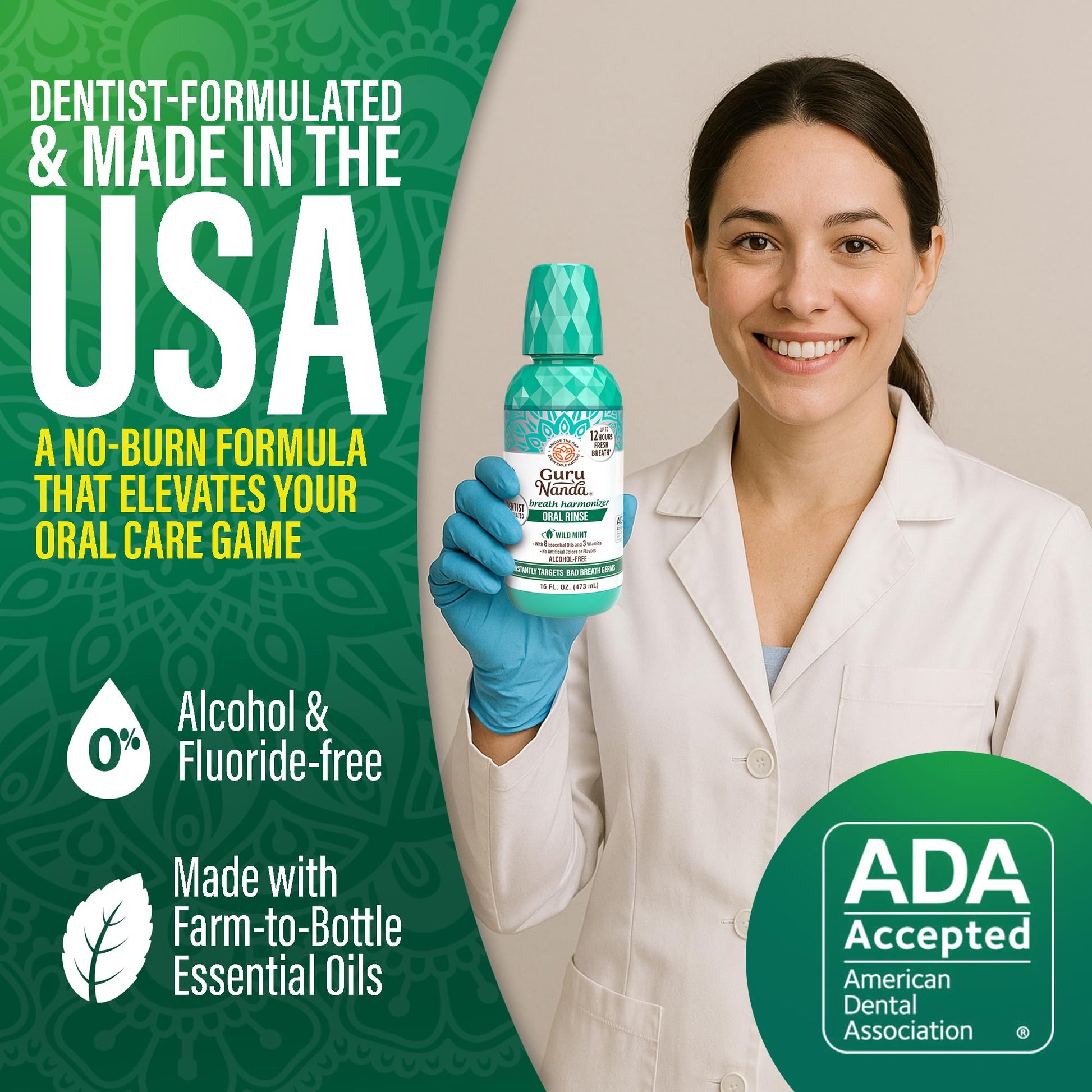 GuruNanda Oral Rinse Fresh Breath Mouthwash, ADA-Accepted Alcohol-Free Mouthwash, 7 Essential Oils & Vitamins, SLS & Flouride-Free, Wild Mint, 16 Oz - dailyvitalstore