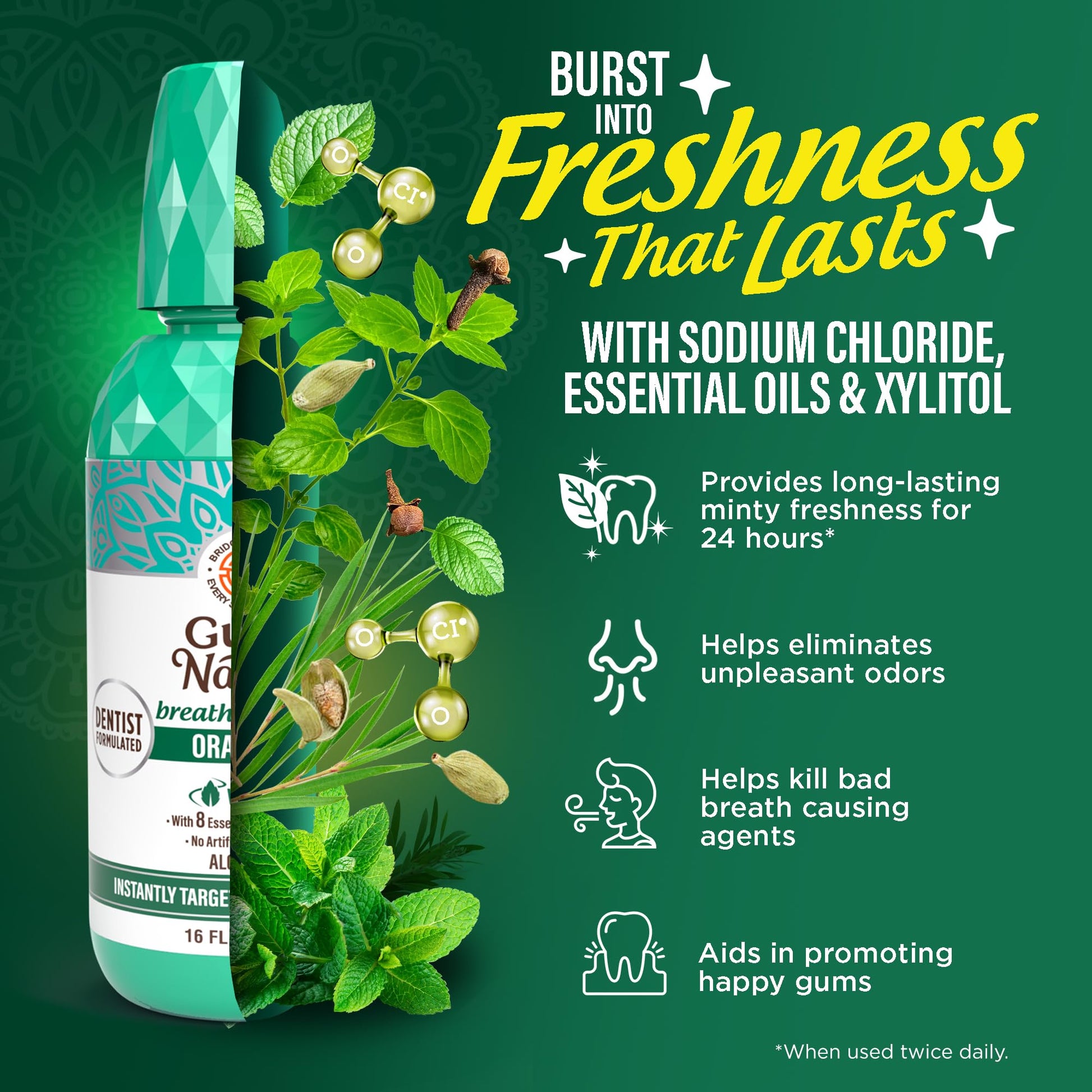 GuruNanda Oral Rinse Fresh Breath Mouthwash, ADA-Accepted Alcohol-Free Mouthwash, 7 Essential Oils & Vitamins, SLS & Flouride-Free, Wild Mint, 16 Oz - dailyvitalstore