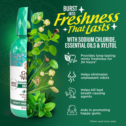 GuruNanda Oral Rinse Fresh Breath Mouthwash, ADA-Accepted Alcohol-Free Mouthwash, 7 Essential Oils & Vitamins, SLS & Flouride-Free, Wild Mint, 16 Oz - dailyvitalstore