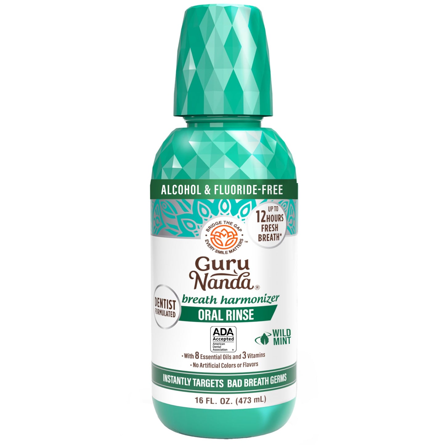 GuruNanda Oral Rinse Fresh Breath Mouthwash, ADA-Accepted Alcohol-Free Mouthwash, 7 Essential Oils & Vitamins, SLS & Flouride-Free, Wild Mint, 16 Oz - dailyvitalstore