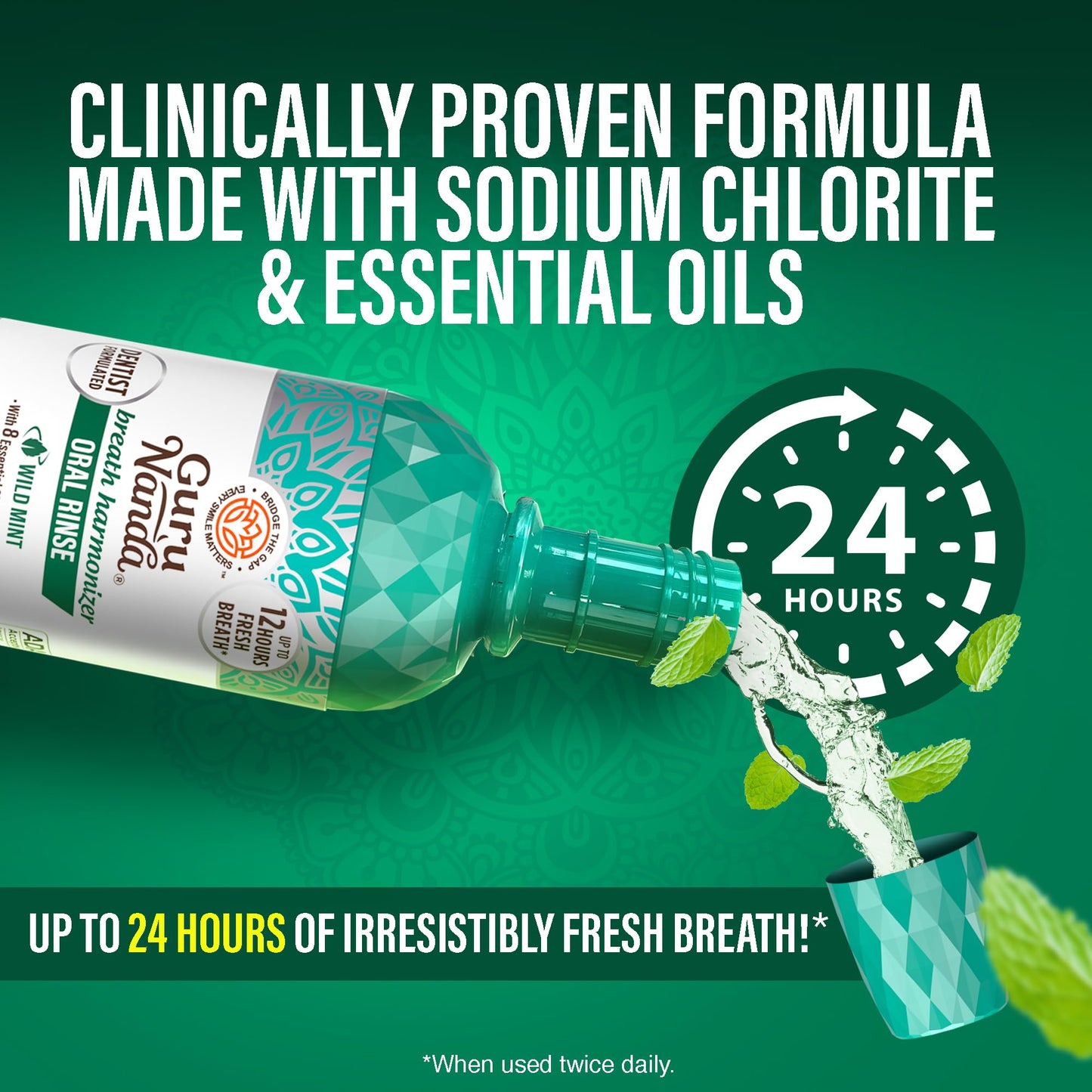 GuruNanda Oral Rinse Fresh Breath Mouthwash, ADA-Accepted Alcohol-Free Mouthwash, 7 Essential Oils & Vitamins, SLS & Flouride-Free, Wild Mint, 16 Oz - dailyvitalstore