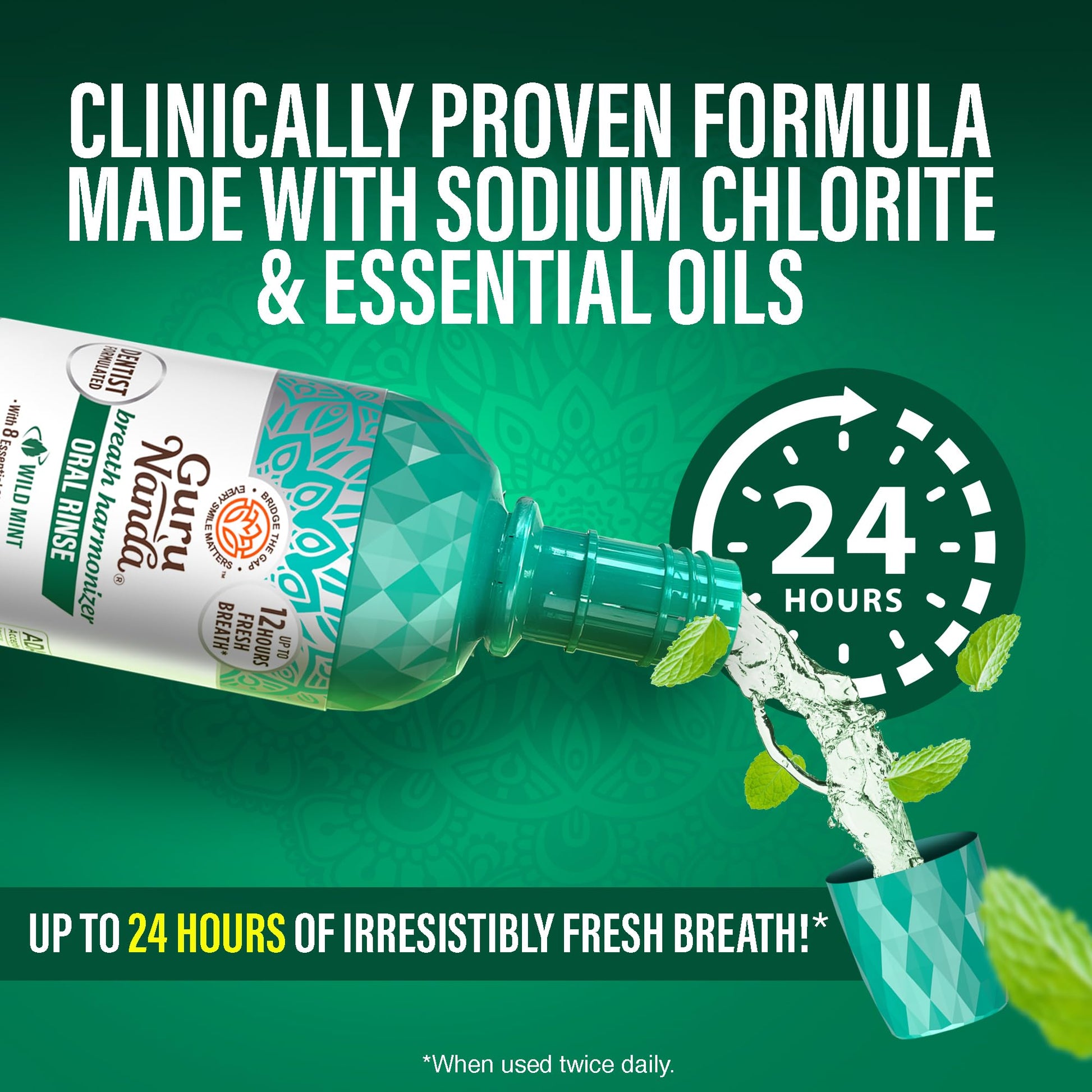 GuruNanda Oral Rinse Fresh Breath Mouthwash, ADA-Accepted Alcohol-Free Mouthwash, 7 Essential Oils & Vitamins, SLS & Flouride-Free, Wild Mint, 16 Oz - dailyvitalstore