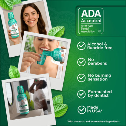GuruNanda Oral Rinse Fresh Breath Mouthwash, ADA-Accepted Alcohol-Free Mouthwash, 7 Essential Oils & Vitamins, SLS & Flouride-Free, Wild Mint, 16 Oz - dailyvitalstore