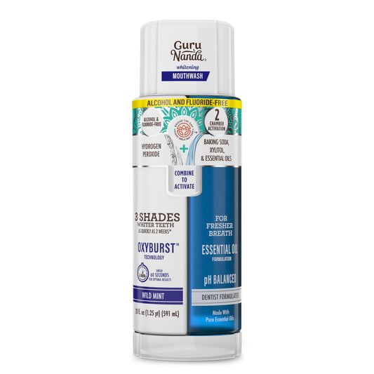 GuruNanda Teeth Whitening Dual Barrel Oxyburst Mouthwash - Alcohol & Fluoride Free, Hydrogen Peroxide to Promote Whiter Teeth - Wild Mint - 20 Fl Oz - dailyvitalstore