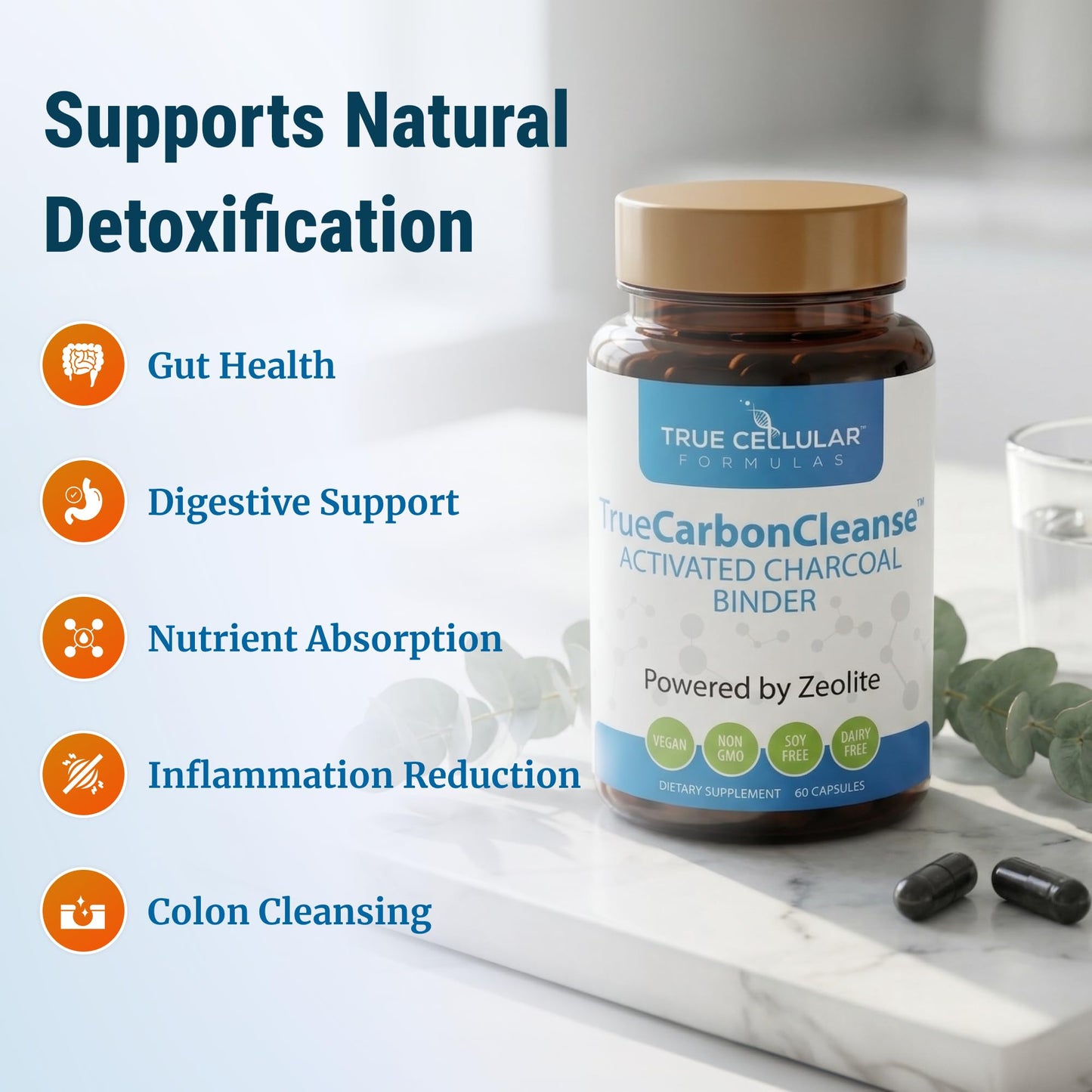 Gut Detox & Liver Cleanse - Organic Activated Charcoal Capsules with Clinoptilolite Zeolite Binder - TrueCarbonCleanse™ Carbon Supplement - 60 Bamboo Charcoal Pills - dailyvitalstore