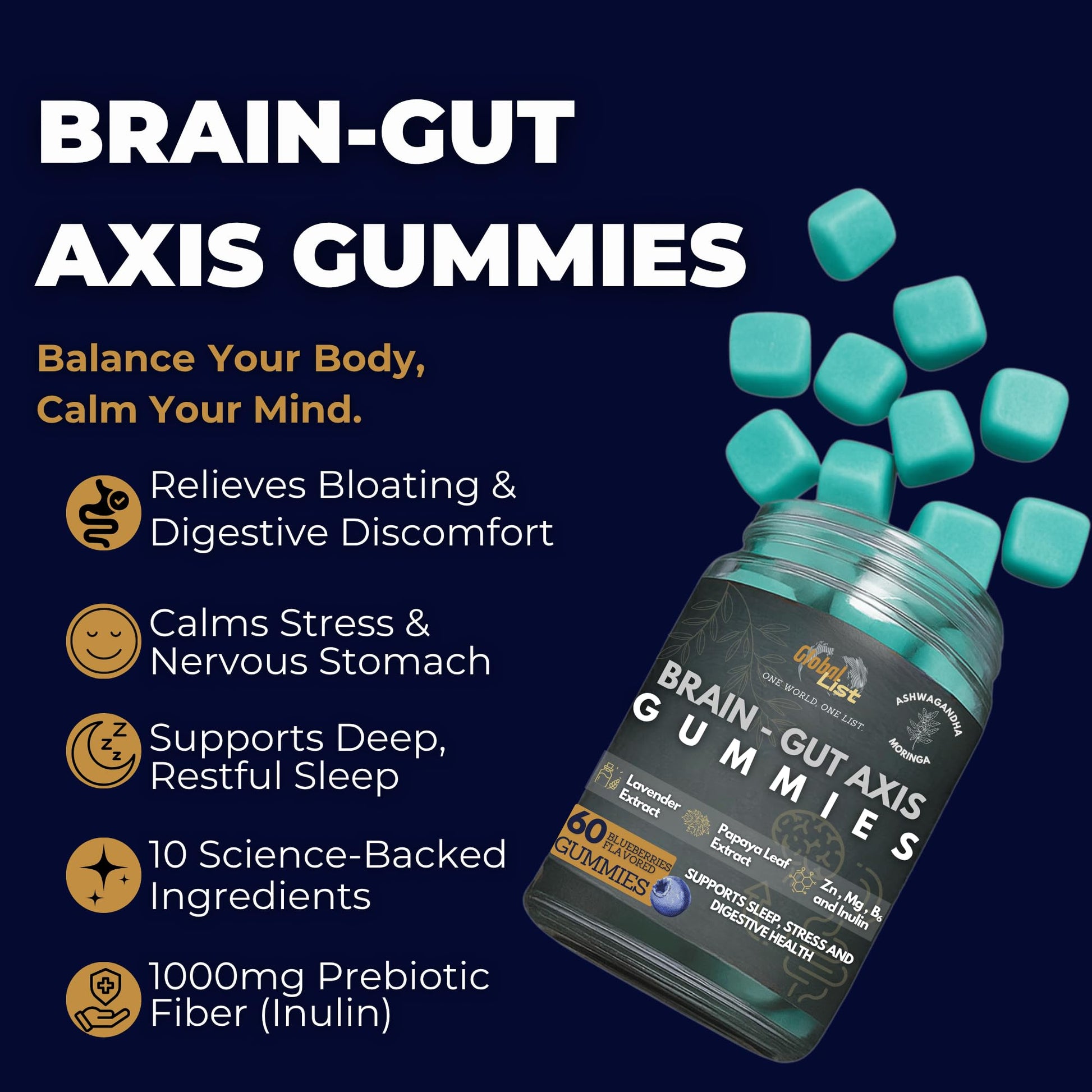 Gut Health & Bloating Relief Gummies – Digestion Support with Prebiotic Fiber, Inulin & Ashwagandha – Stress, Nervous Stomach, Sleep & Calm Support – Gut-Brain Axis Formula - dailyvitalstore