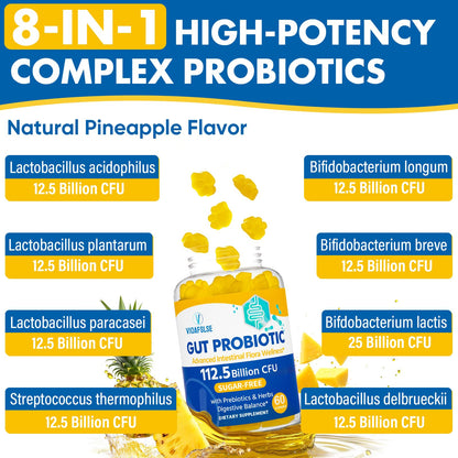 Gut Health & Probiotic Gummies, 112.5 Billion CFU, Sugar Free - 8 Strains + Prebiotics + Herbs - for Digestive, Immune, Diarrhea & Bloating - Gut Health for Women & Men - dailyvitalstore