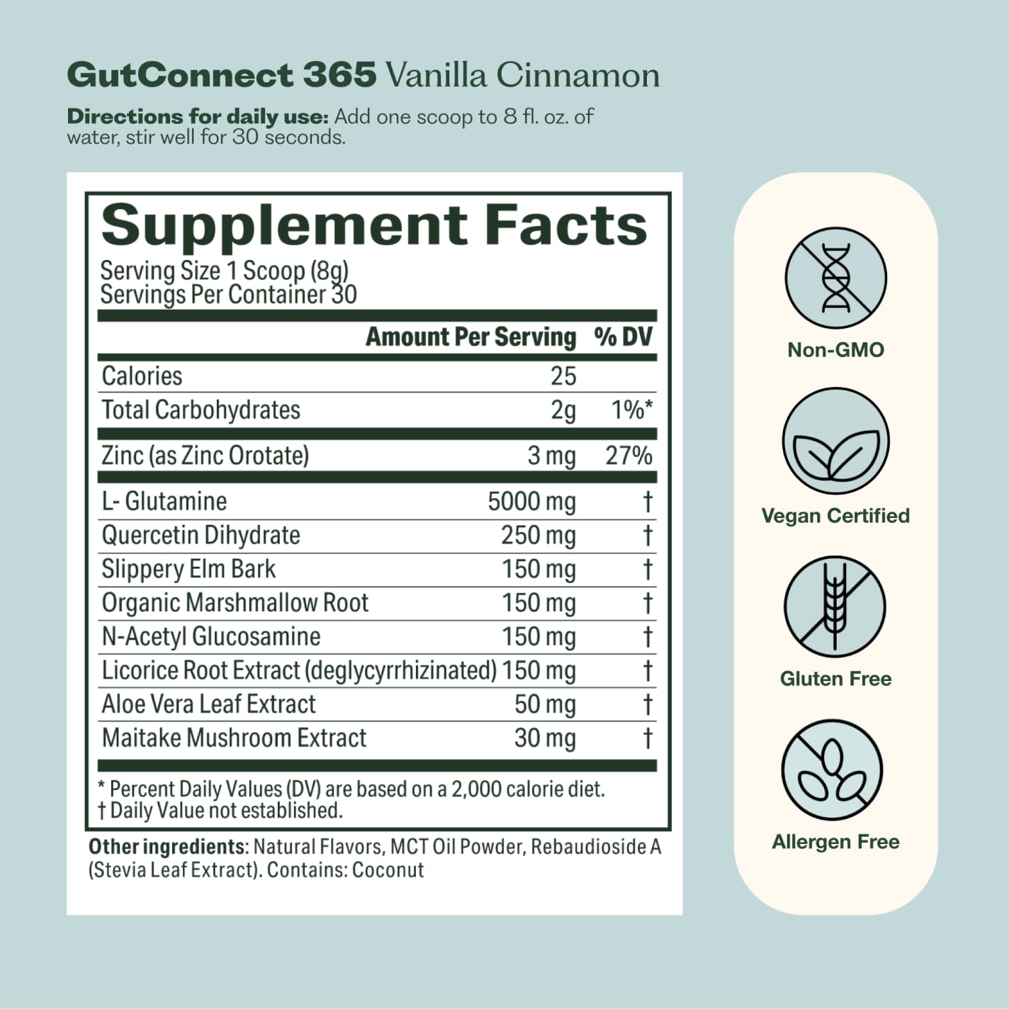 GutConnect 365 Gut Health Superfood Powder | Formulated With Slippery Elm Bark & L Glutamine | Vegan Certified | Allergen Free | Non-GMO | Soy Free | Made in the USA | 30 Servings – Vanilla Cinnamon - dailyvitalstore
