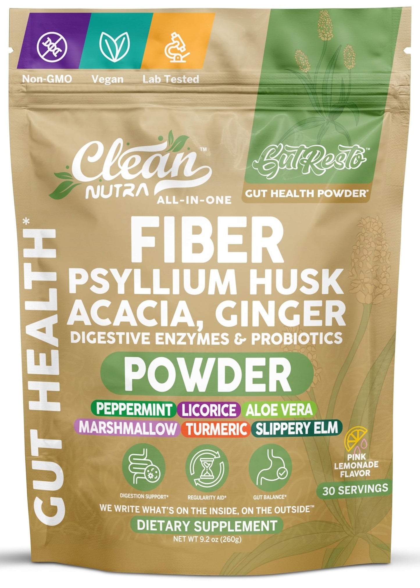 GutResto Fiber Supplement Psyllium Husk Powder Probiotic Gut Health Digestive Enzymes Prebiotic L-Glutamine Slippery Elm Aloe Vera Marshmallow Root Turmeric Ginger - dailyvitalstore