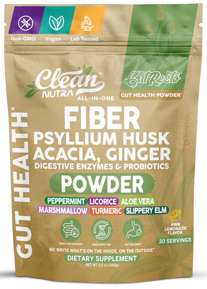 GutResto Fiber Supplement Psyllium Husk Powder Probiotic Gut Health Digestive Enzymes Prebiotic L-Glutamine Slippery Elm Aloe Vera Marshmallow Root Turmeric Ginger - dailyvitalstore