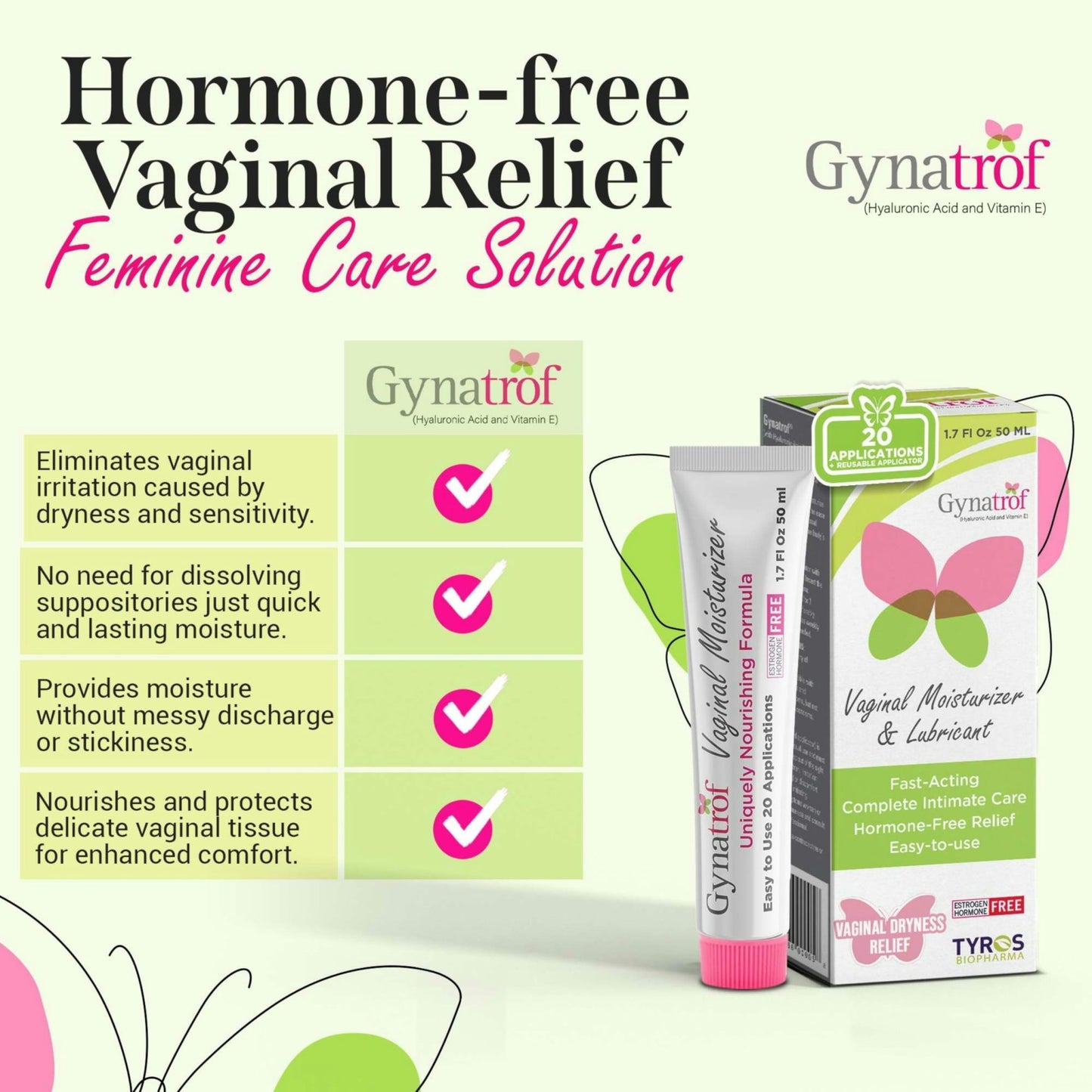 Gynatrof Vaginal Moisturizer, Long-Lasting for Vaginal Dryness & Irritation, Hormone-Free Hyaluronic Acid & Vitamin E Feminine Care, Daily Hydration For Intimate Feminine Care, 1.7 fl oz - dailyvitalstore