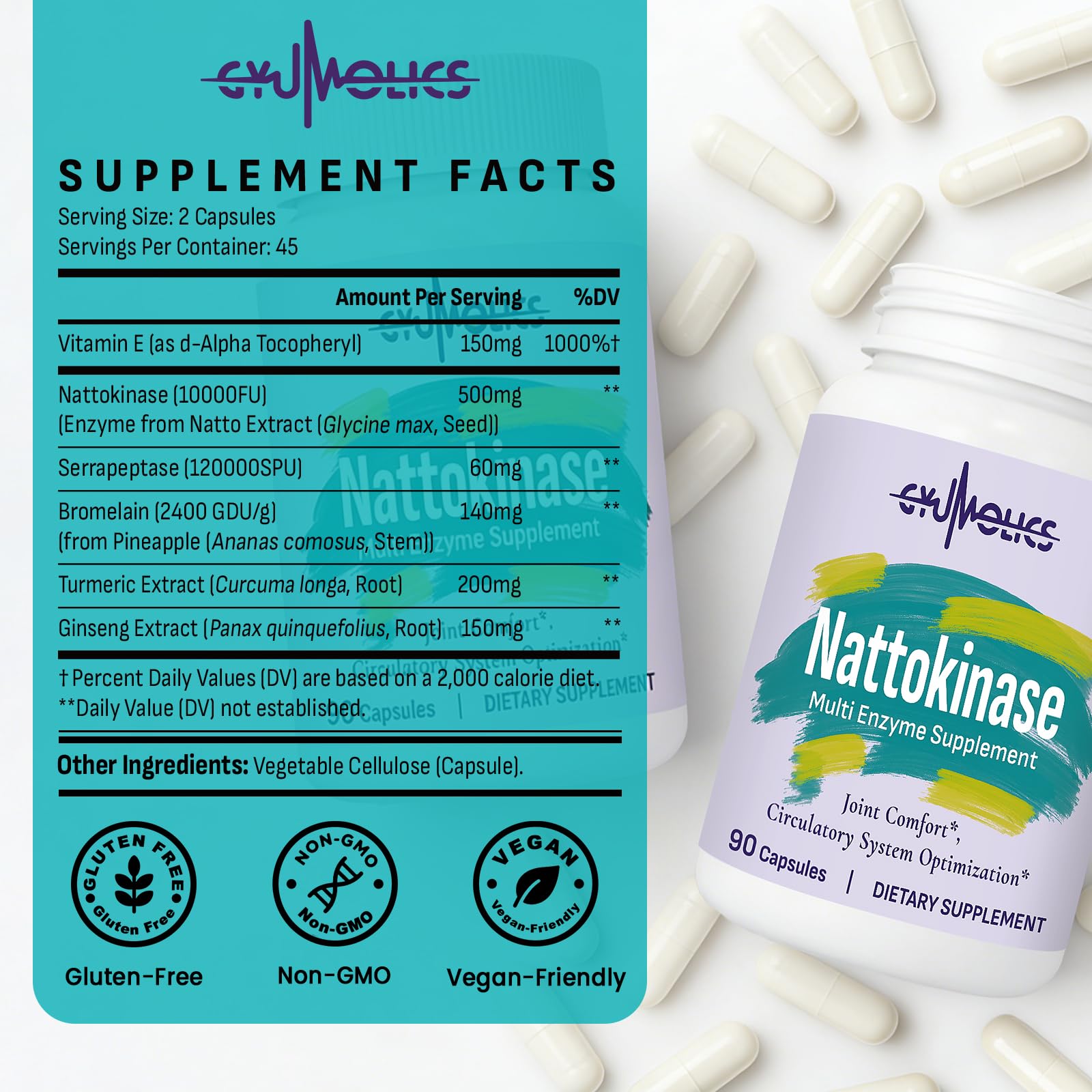 Gyumolics Nattokinase Supplement 10000FU with Organic Nattokinase, Serrapeptase, Bromelain, Curcumin, Vitamin E & Ginseng, - dailyvitalstore