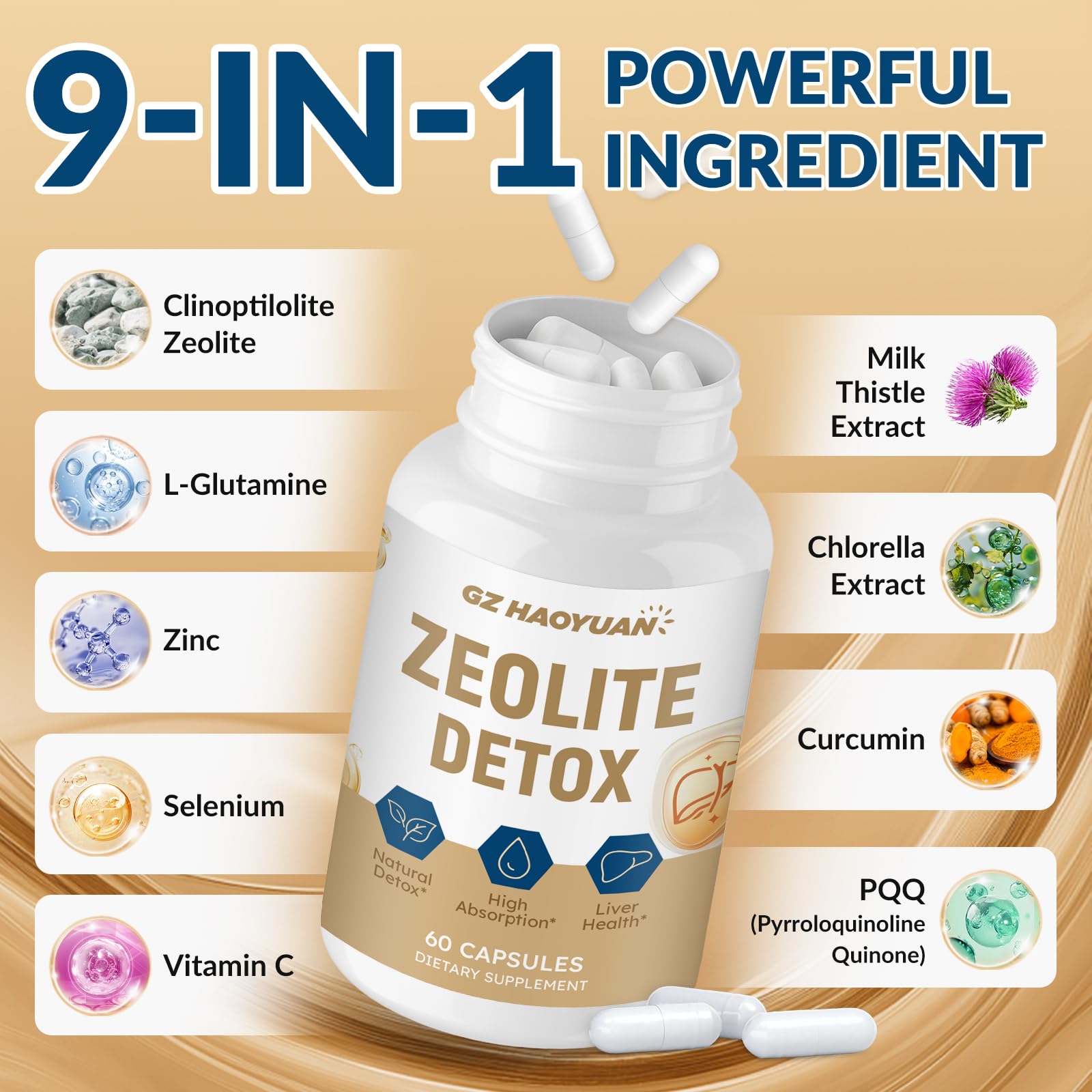 GZ HAOYUAN Zeolite Detox Capsules – Clinoptilolite Zeolite Supplement with Milk Thistle, Chlorella, Curcumin & PQQ for Gut, Liver & Full Body Detox Cleanse, - dailyvitalstore