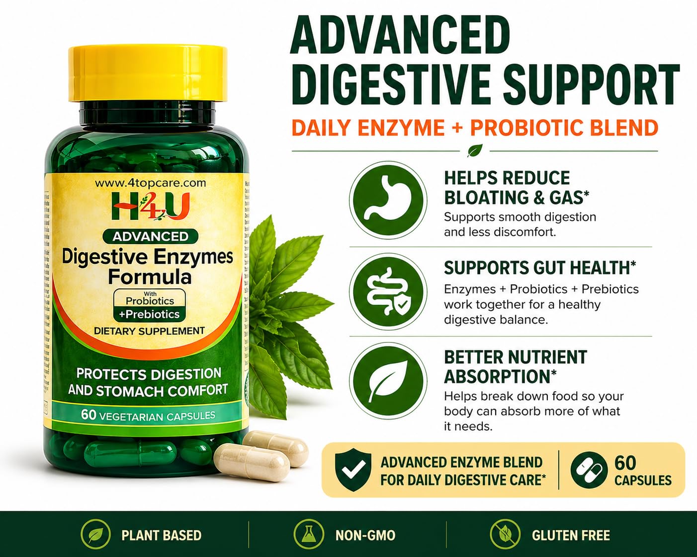 H4U Advanced Digestive Enzymes with Probiotics & Prebiotics – Multi Enzyme Supplement for Gut Health, Digestion Support, Bloating Relief & Stomach Comfort, - dailyvitalstore