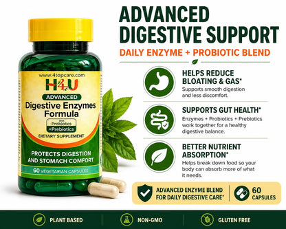 H4U Advanced Digestive Enzymes with Probiotics & Prebiotics – Multi Enzyme Supplement for Gut Health, Digestion Support, Bloating Relief & Stomach Comfort, - dailyvitalstore