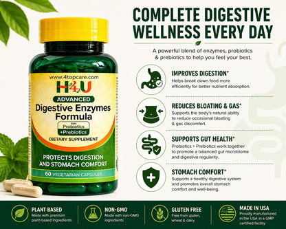 H4U Advanced Digestive Enzymes with Probiotics & Prebiotics – Multi Enzyme Supplement for Gut Health, Digestion Support, Bloating Relief & Stomach Comfort, - dailyvitalstore