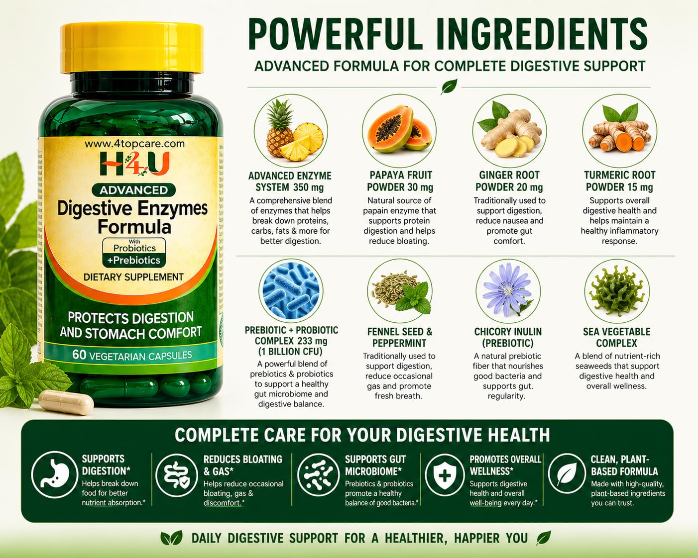 H4U Advanced Digestive Enzymes with Probiotics & Prebiotics – Multi Enzyme Supplement for Gut Health, Digestion Support, Bloating Relief & Stomach Comfort, - dailyvitalstore