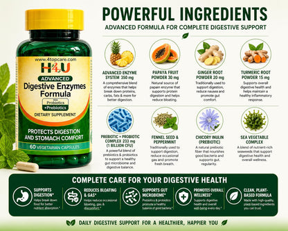 H4U Advanced Digestive Enzymes with Probiotics & Prebiotics – Multi Enzyme Supplement for Gut Health, Digestion Support, Bloating Relief & Stomach Comfort, - dailyvitalstore