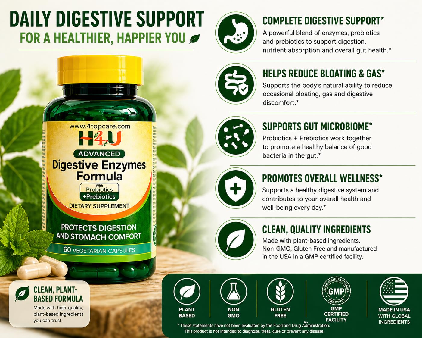 H4U Advanced Digestive Enzymes with Probiotics & Prebiotics – Multi Enzyme Supplement for Gut Health, Digestion Support, Bloating Relief & Stomach Comfort, - dailyvitalstore