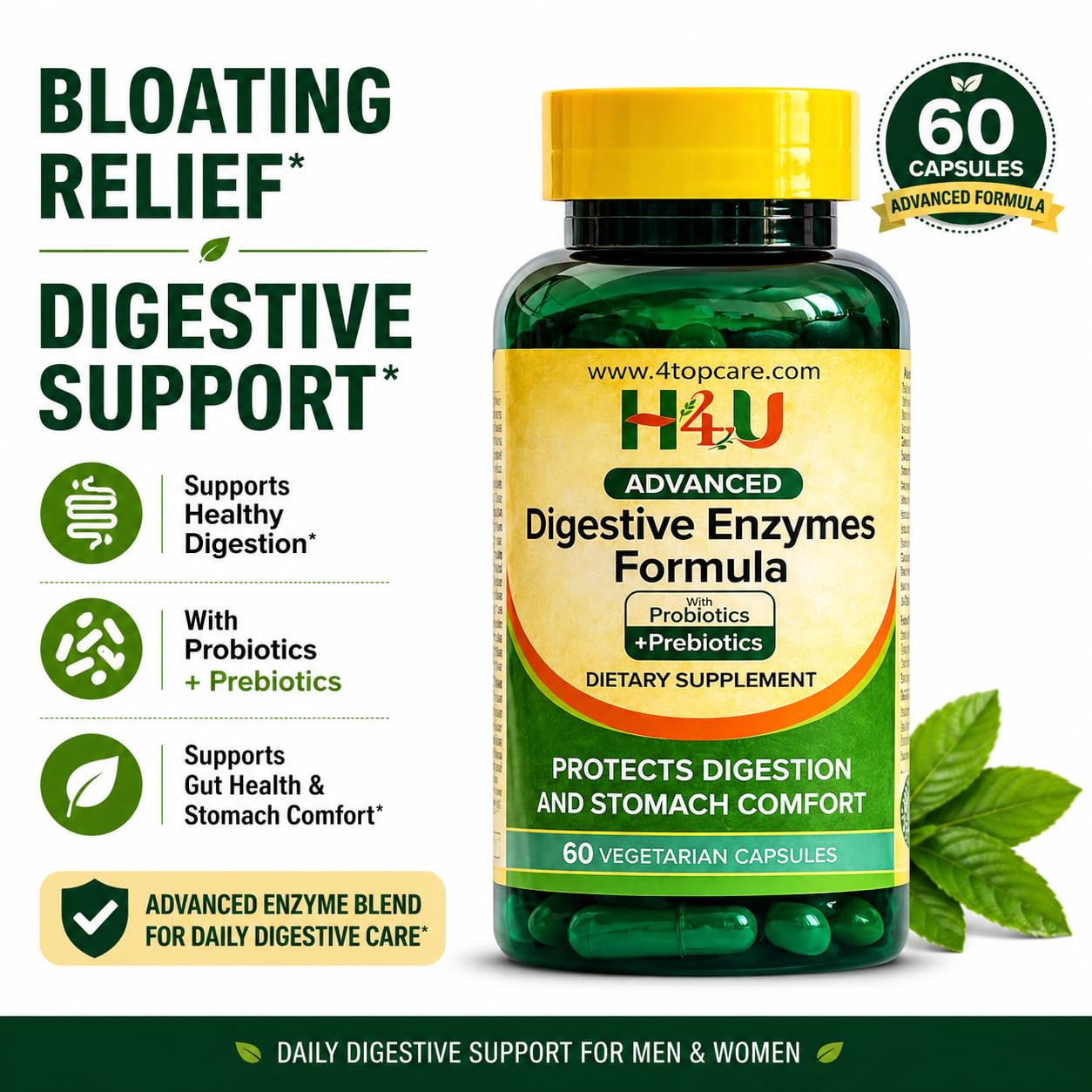 H4U Advanced Digestive Enzymes with Probiotics & Prebiotics – Multi Enzyme Supplement for Gut Health, Digestion Support, Bloating Relief & Stomach Comfort, - dailyvitalstore