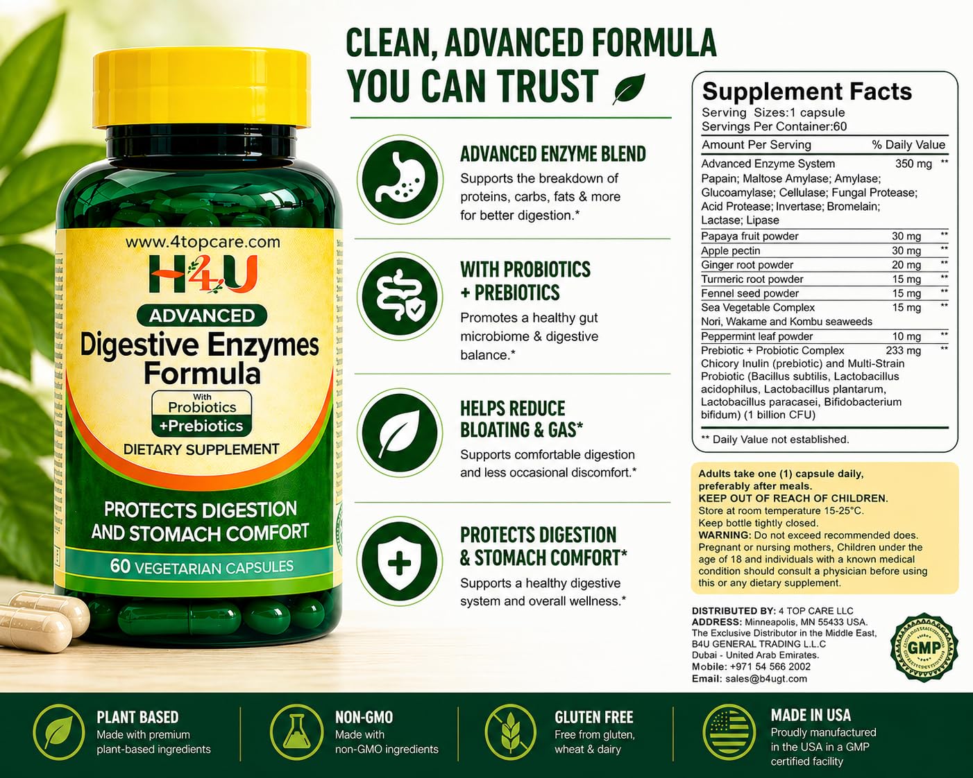 H4U Advanced Digestive Enzymes with Probiotics & Prebiotics – Multi Enzyme Supplement for Gut Health, Digestion Support, Bloating Relief & Stomach Comfort, - dailyvitalstore