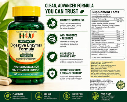 H4U Advanced Digestive Enzymes with Probiotics & Prebiotics – Multi Enzyme Supplement for Gut Health, Digestion Support, Bloating Relief & Stomach Comfort, - dailyvitalstore