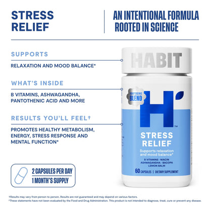 Habit Stress Relief Supplement (60 Capsules) - New Look, Supports Relaxation & Mood Balance, Vitamin B, Adaptogens, Lemon Balm, Calming, Vegan, Non-GMO (1 Pack) - dailyvitalstore