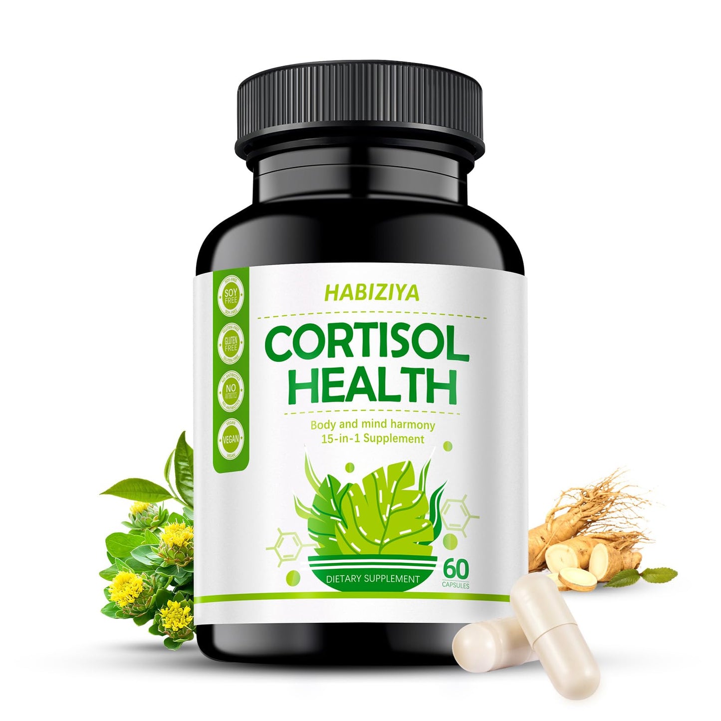 HABIZIYA Cortisol Support Supplement with Magnesium Glycinate, L-Theanine, Ashwagandha, Phosphatidylserine,Rhodiola Rosea 15-in-1 Hormone Balance for Women Men Mood, Focus, Sleep Support 60 Capsules - dailyvitalstore
