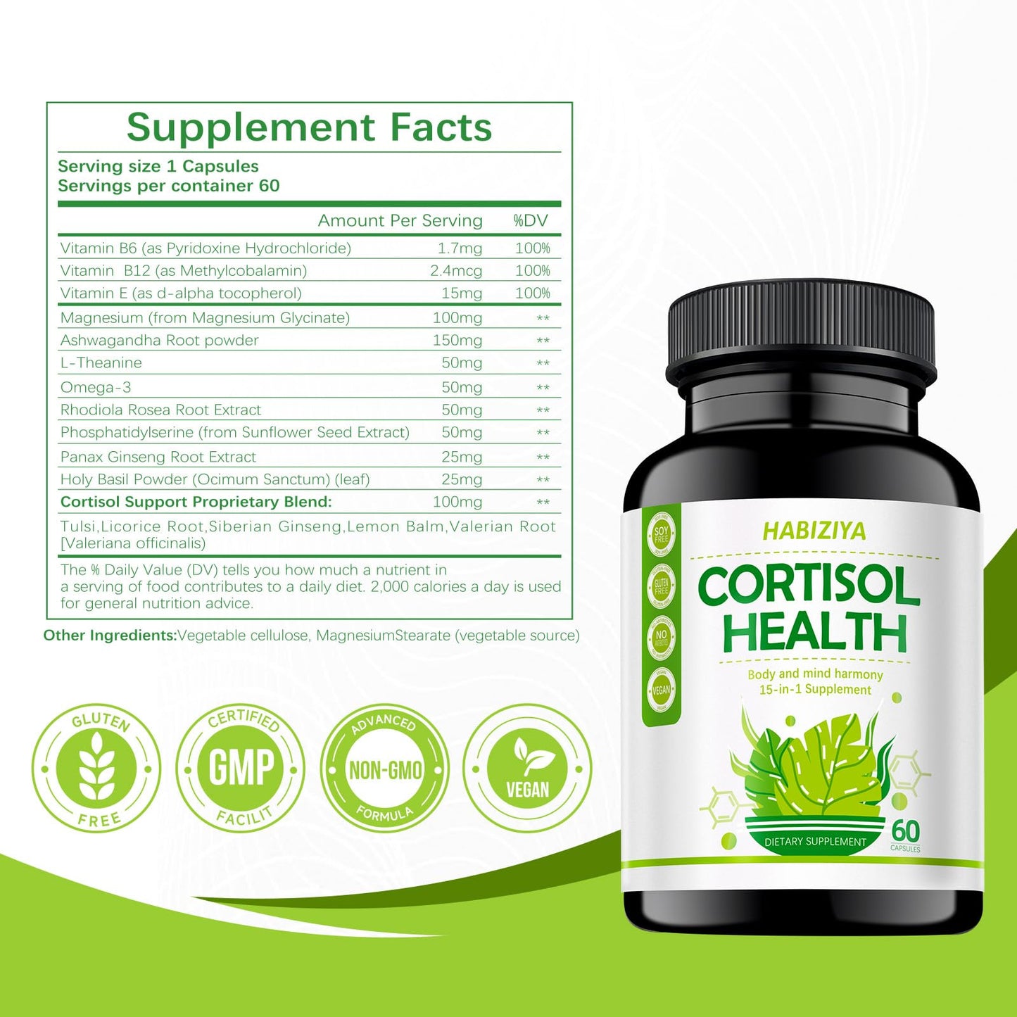 HABIZIYA Cortisol Support Supplement with Magnesium Glycinate, L-Theanine, Ashwagandha, Phosphatidylserine,Rhodiola Rosea 15-in-1 Hormone Balance for Women Men Mood, Focus, Sleep Support 60 Capsules - dailyvitalstore