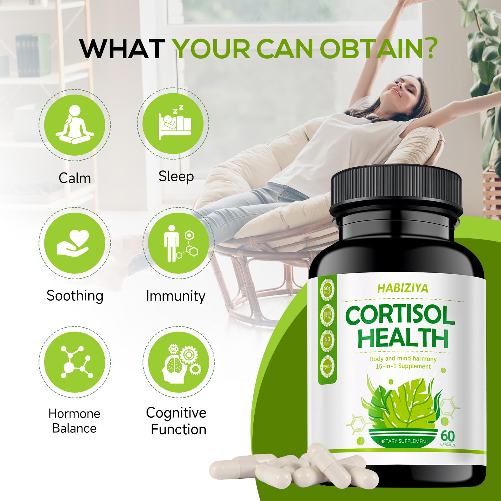 HABIZIYA Cortisol Support Supplement with Magnesium Glycinate, L-Theanine, Ashwagandha, Phosphatidylserine,Rhodiola Rosea 15-in-1 Hormone Balance for Women Men Mood, Focus, Sleep Support 60 Capsules - dailyvitalstore