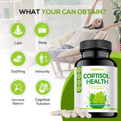 HABIZIYA Cortisol Support Supplement with Magnesium Glycinate, L-Theanine, Ashwagandha, Phosphatidylserine,Rhodiola Rosea 15-in-1 Hormone Balance for Women Men Mood, Focus, Sleep Support 60 Capsules - dailyvitalstore