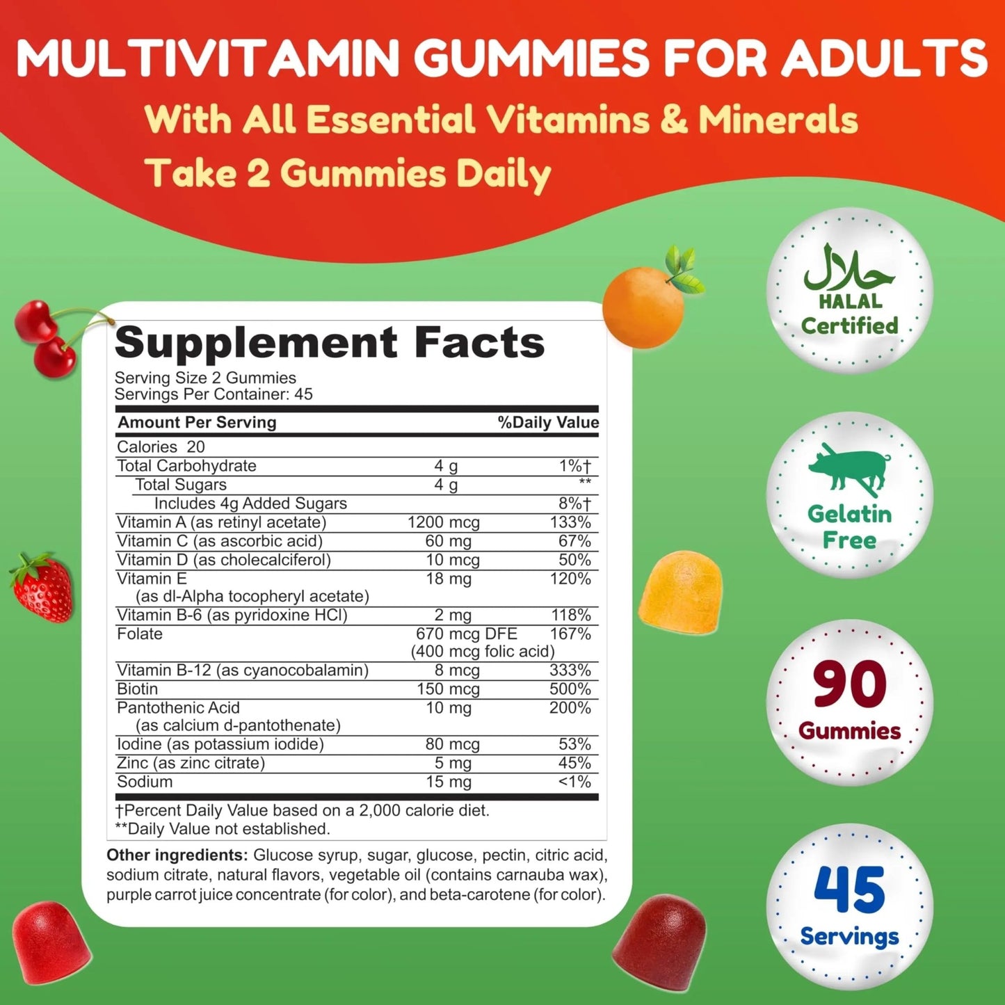 Halal Multivitamin Gummies for Women & Men | Immune & Overall Wellness | 90 Delicious Gummy Vitamins (45-Day Supply) - dailyvitalstore