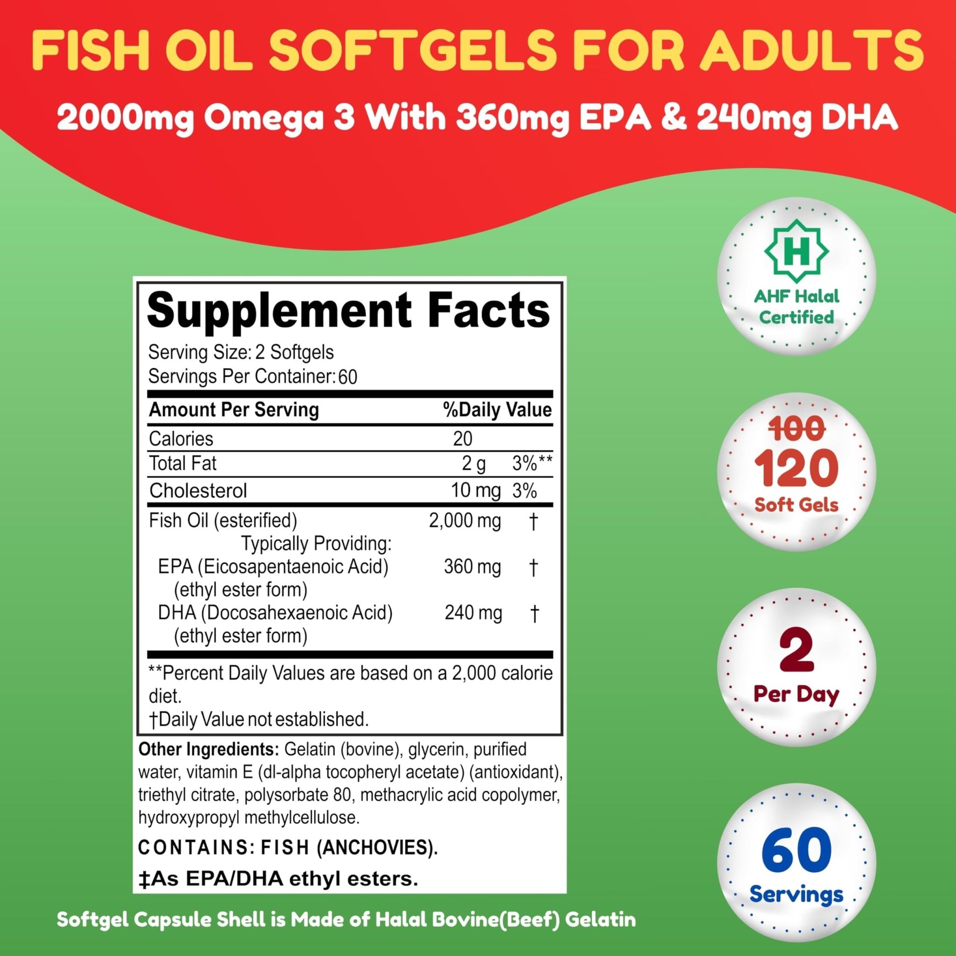 Halal Omega 3 Fish Oil 2000mg - 60 Servings, 120 Softgels. Wild Caught, Purified, Keto Friendly, Non-GMO & Gluten-Free. Brain, Heart & Cardiovascular Support. - dailyvitalstore