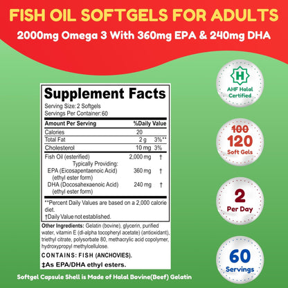Halal Omega 3 Fish Oil 2000mg - 60 Servings, 120 Softgels. Wild Caught, Purified, Keto Friendly, Non-GMO & Gluten-Free. Brain, Heart & Cardiovascular Support. - dailyvitalstore
