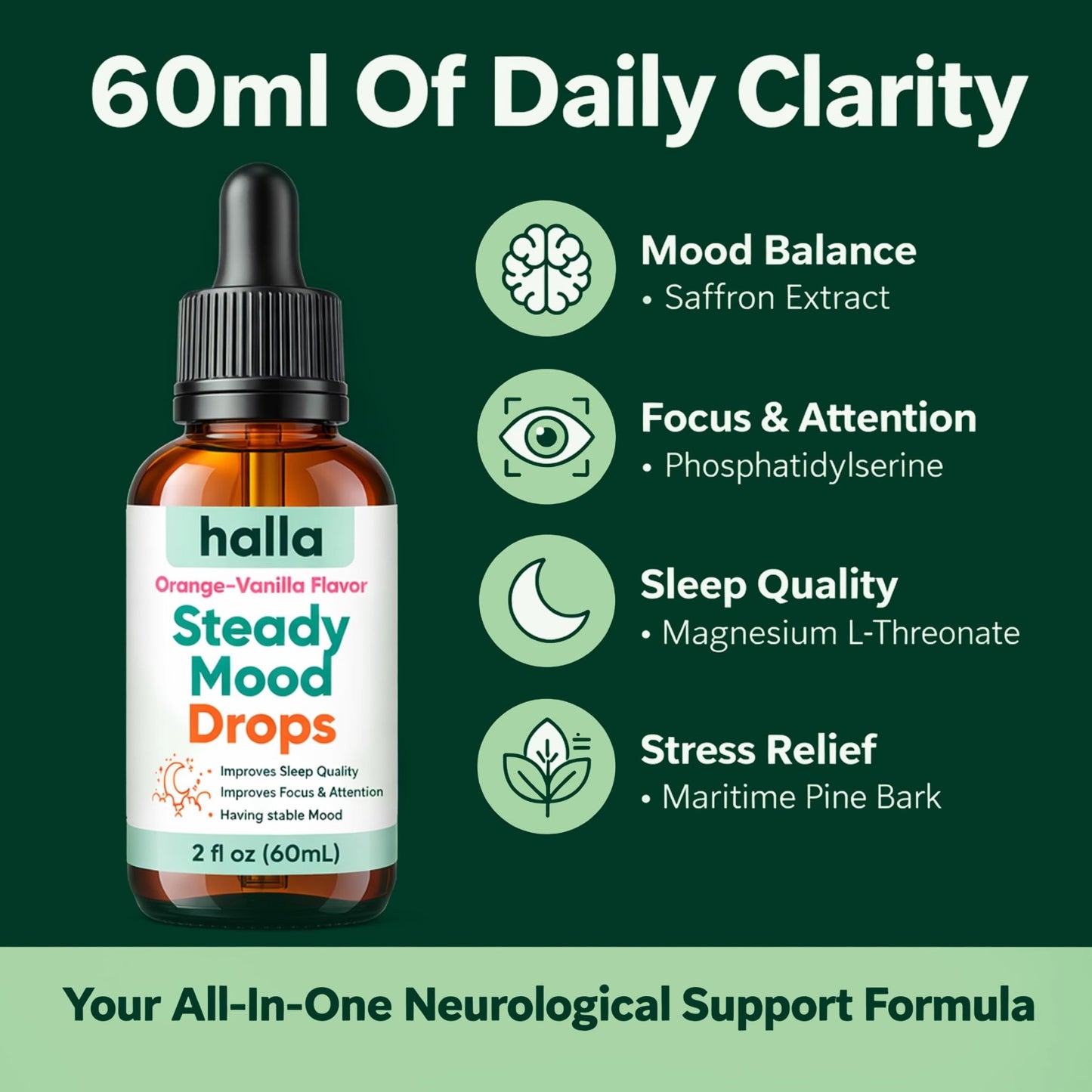 Halla Steady Mood Drops Saffron Extract, Maritime Pine Bark Extract, Phosphatidylserine, Magnesium L-Threonate, Sleep Supplements, Improves Focus & Attention, Mood Support Supplement, 60ml - dailyvitalstore