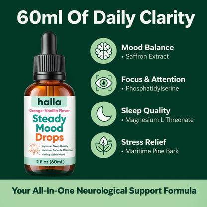 Halla Steady Mood Drops Saffron Extract, Maritime Pine Bark Extract, Phosphatidylserine, Magnesium L-Threonate, Sleep Supplements, Improves Focus & Attention, Mood Support Supplement, 60ml - dailyvitalstore